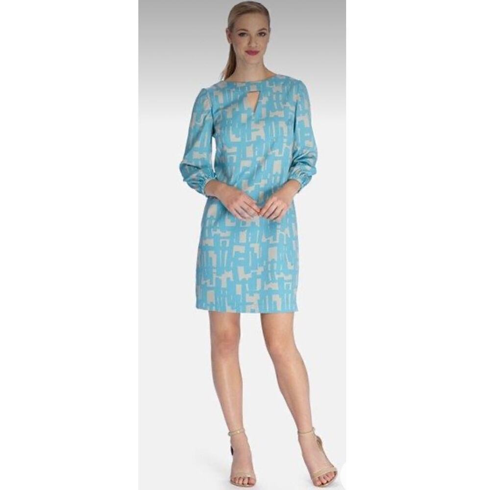 Tahari Graphic Print Crepe de Chine Shift Dress, Keyhole, Turquoise, size 14W